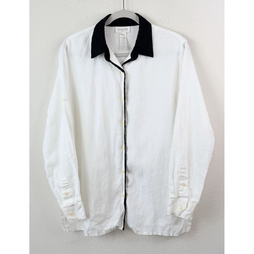Jones New York 100% Linen Button Up Shirt Women's L‎ White Black Trim Coastal